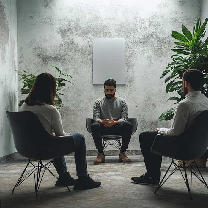 Life Coaching session showing a coach guiding two individuals in a private counseling environment, focused on personal growth, mindset improvement, and goal setting in a calm indoor space.