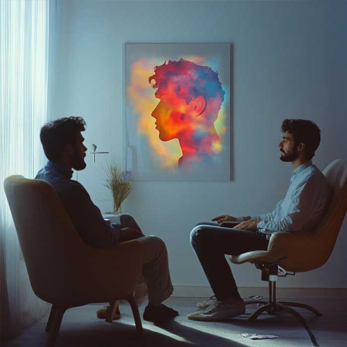 Life Coaching session showing a one-on-one coaching conversation in a peaceful room with artistic wall decor, focusing on self-awareness, emotional growth, and personal development.