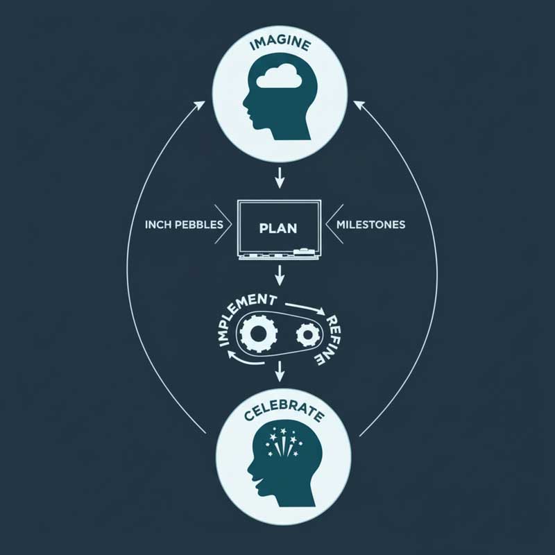 Transition Coach guiding a personal growth cycle diagram showing imagine, plan, implement, refine, and celebrate with milestones and incremental progress steps