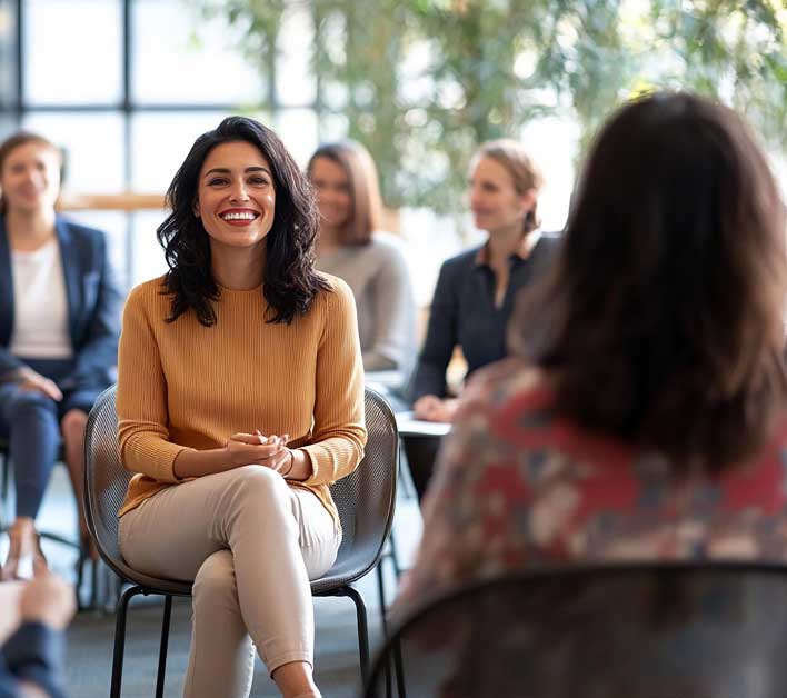 Transition Coach leading a positive group session with participants engaged in discussion, smiling and building confidence in a supportive coaching environment